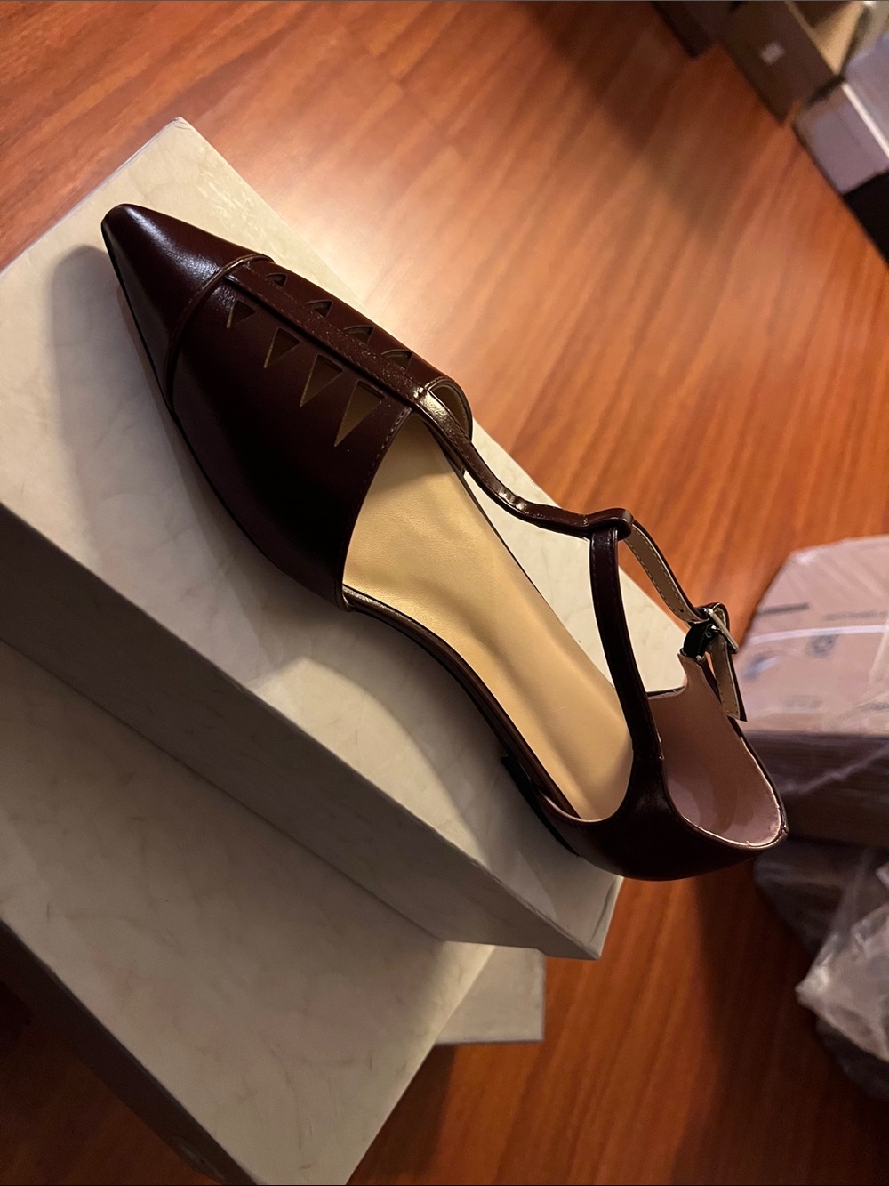 Pointed Toe T-Strap Flats Ankle Strap Genuine Leather Low Heel Pumps Closed Toe - Picture 8 of 9